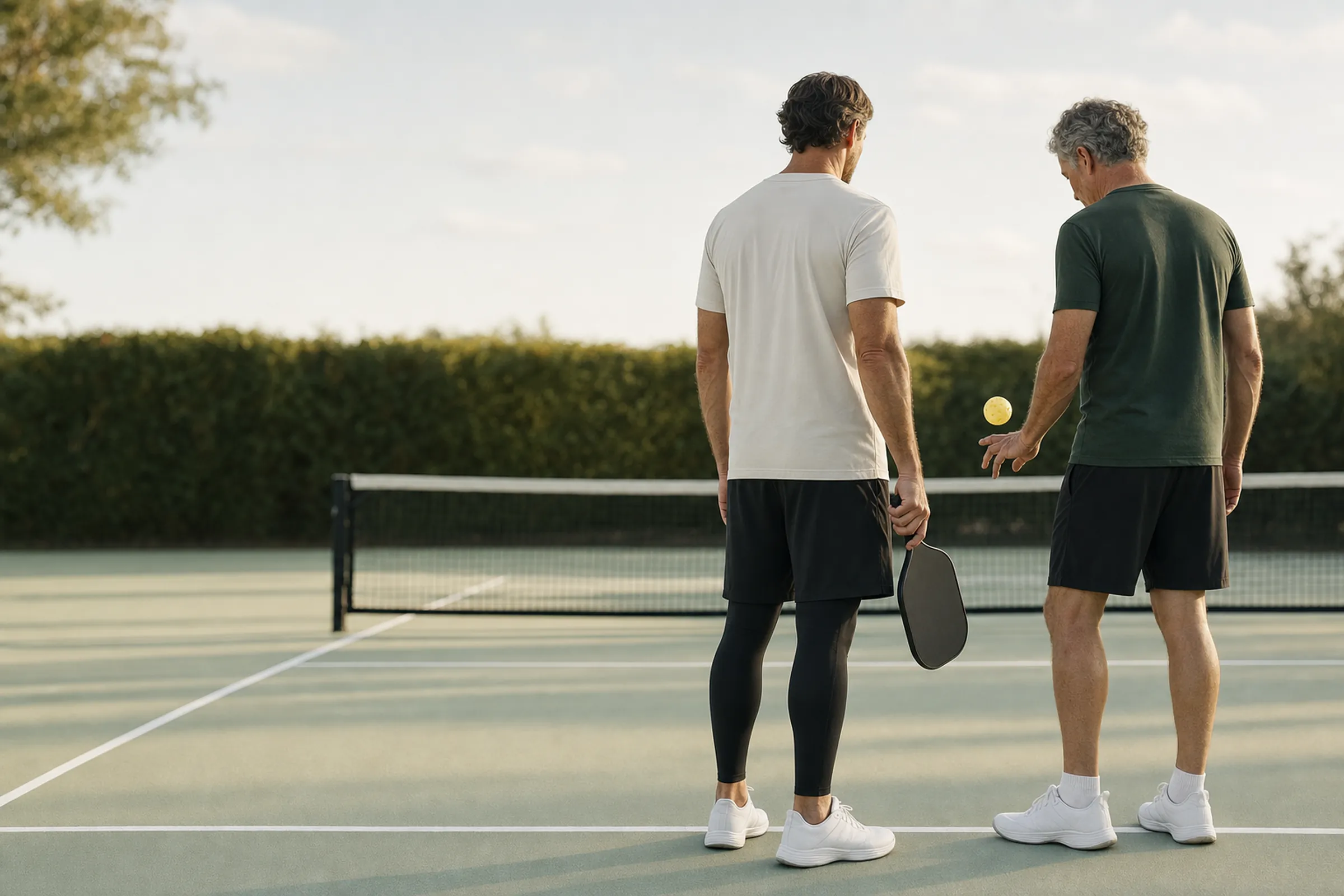 Two doubles partners at the kitchen line in plain chalk and green tees